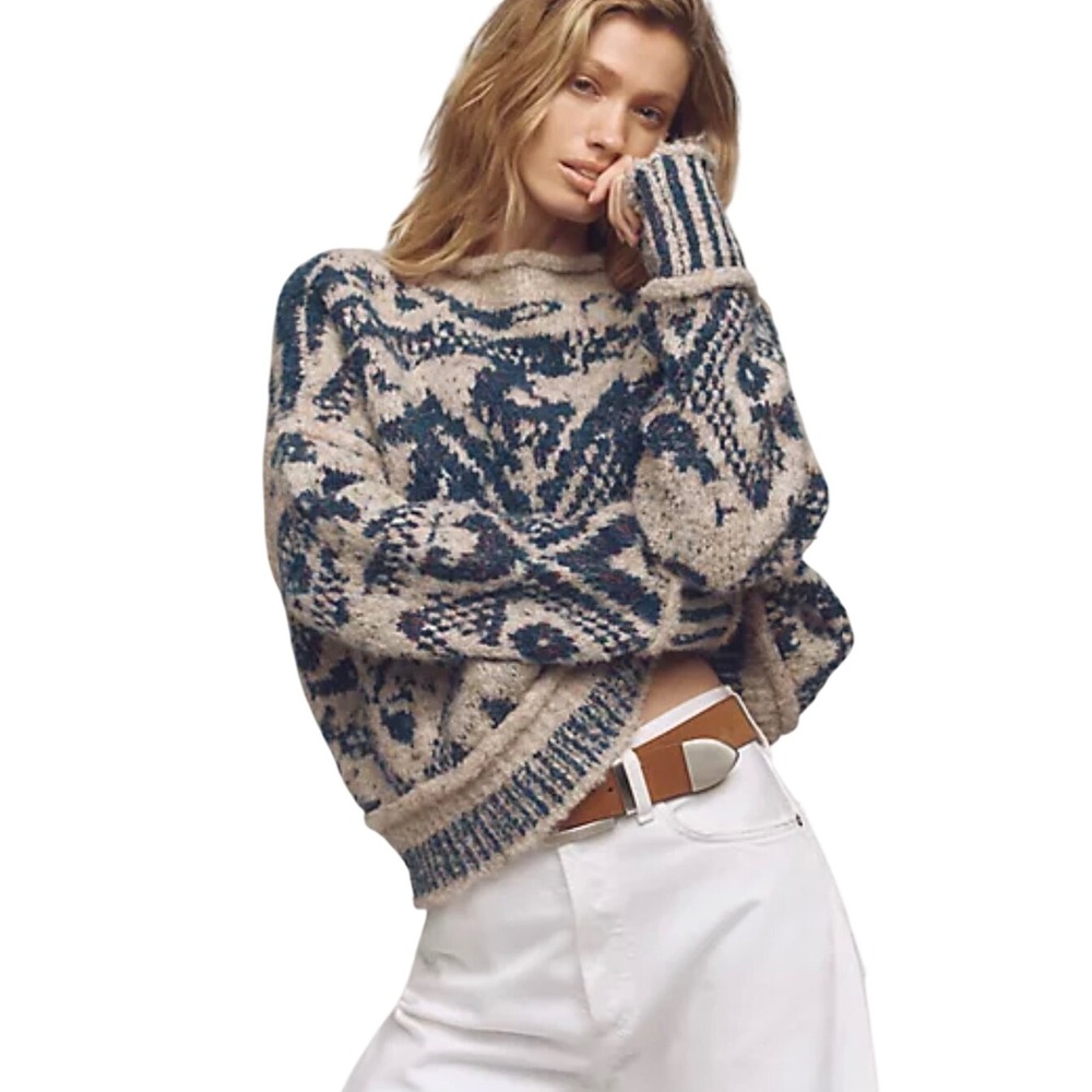 Pilcro Anthropologie Fair Isle Intarsia Pullover Sweater Blue Beige Small